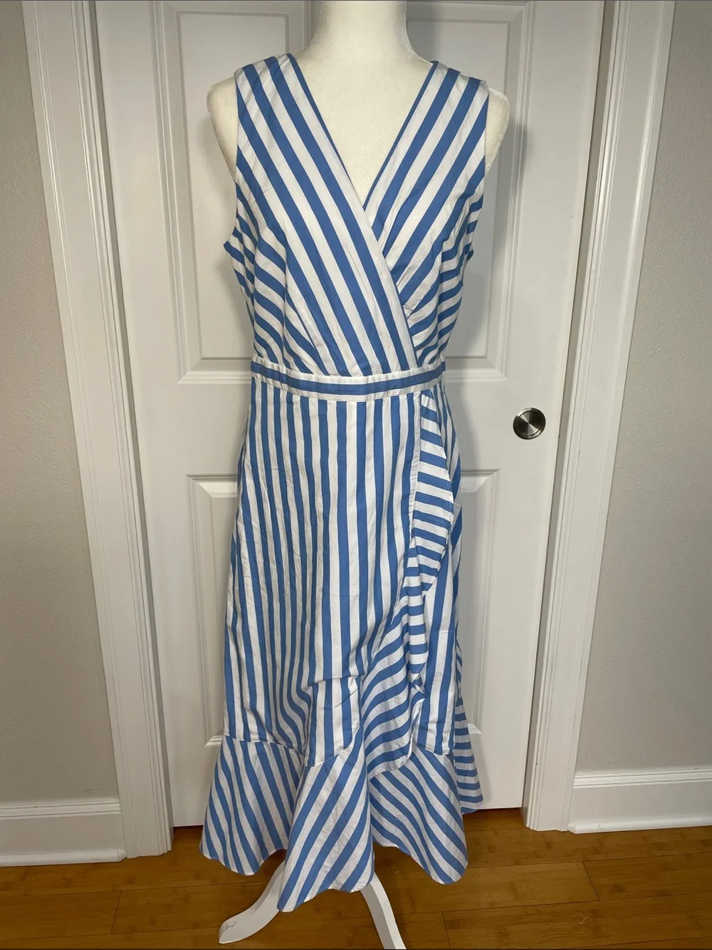 J. Crew Stripe Ruffle High Low Maxi Dress Size 8 New Nautical Sleeveless